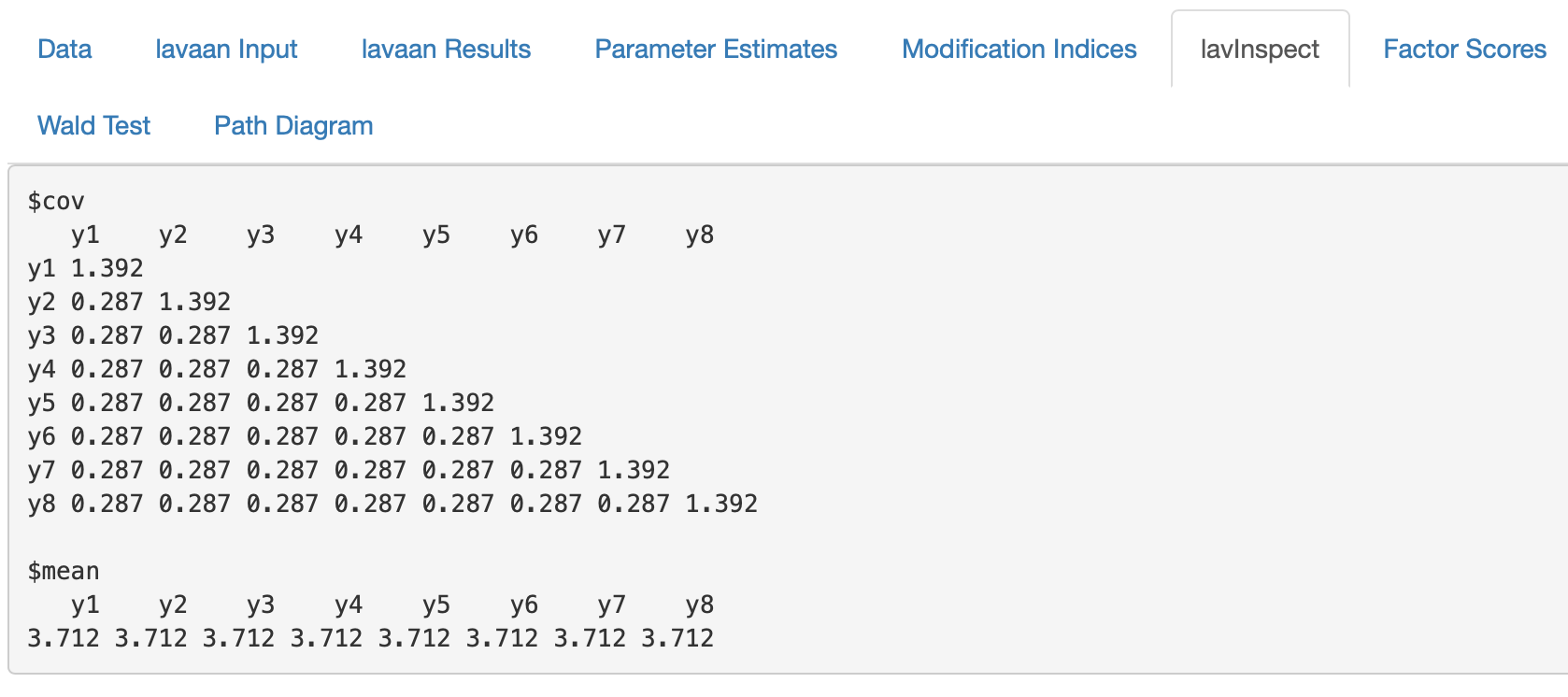 Hauptmenü lavInspect - Modellimplizierte Varianz-Kovarianzmatrix