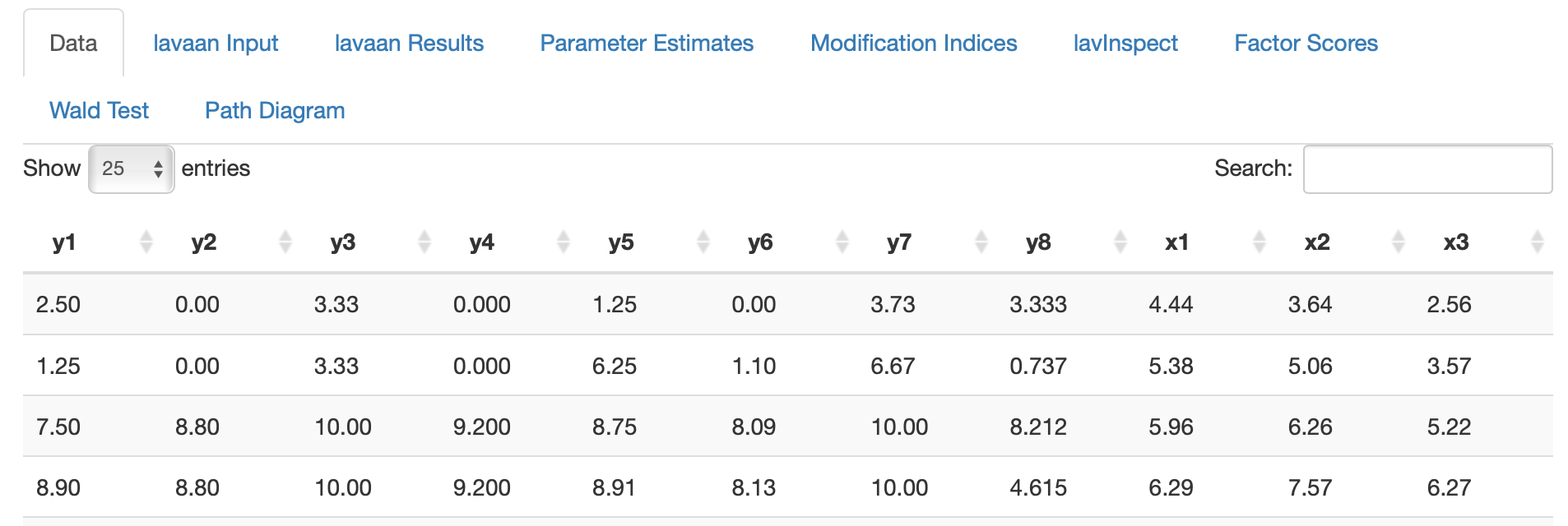 lavaanGUI Data Hauptmenü